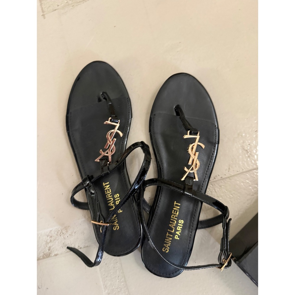 Saint Laurent Cassandra Black Patent Leather YSL Logo Flat Sandals Size 36 - Picture 5 of 5